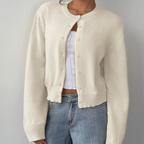 Women's Button-Up Cardigan - Round Neck Ribbed Cuffs - White, worn open over a top