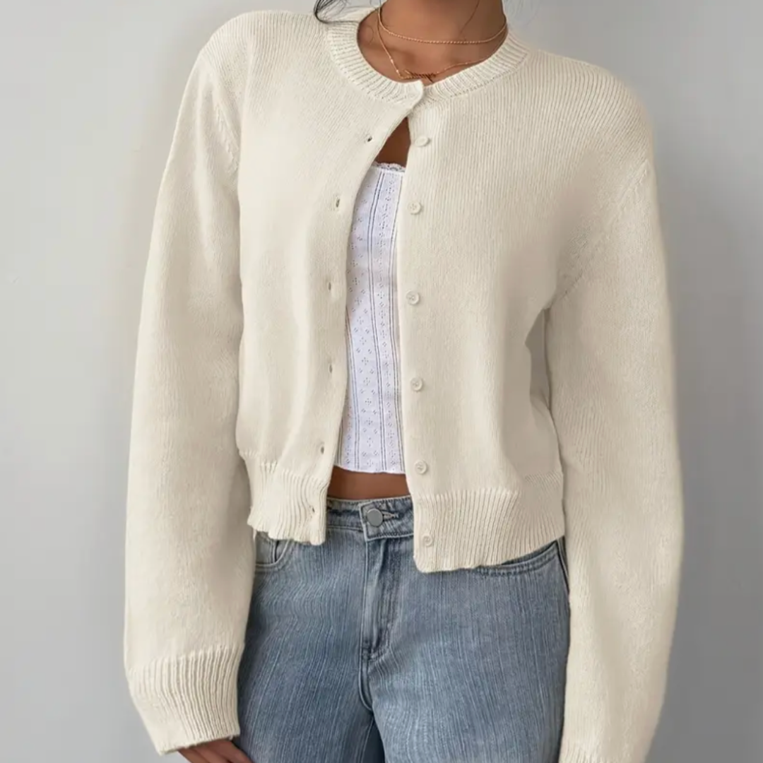 Women's Button-Up Cardigan - Round Neck Ribbed Cuffs - White, worn open over a top