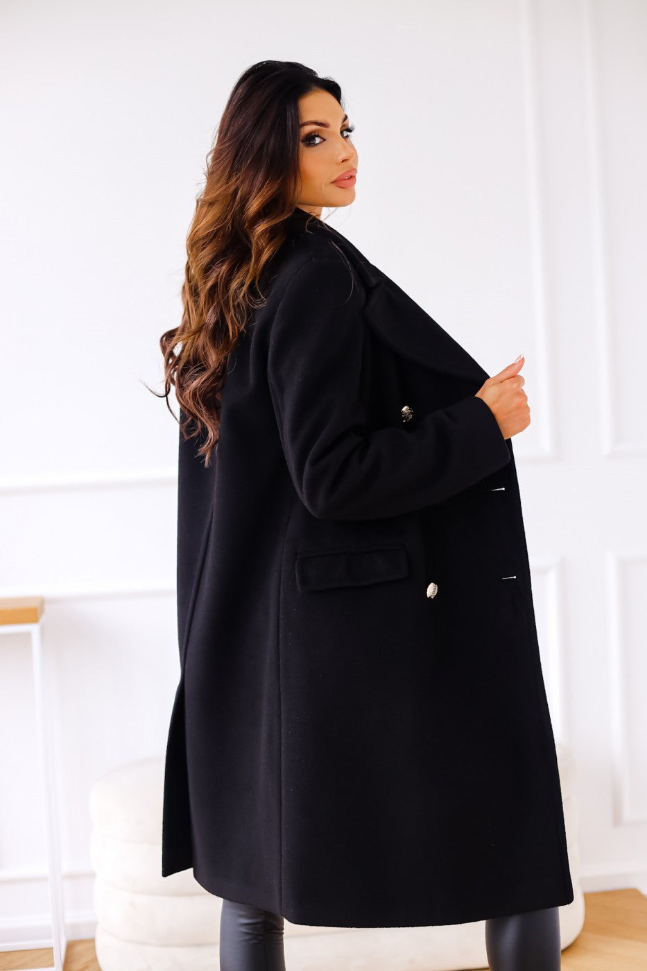Women's Double-Breasted Long Coat - Notch Lapel - Black