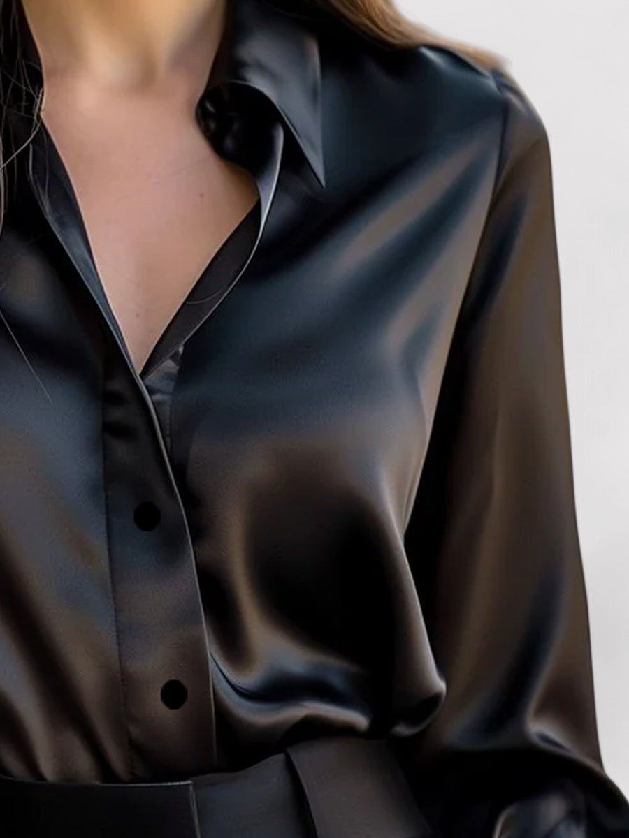 Women's Satin Long Sleeve Blouse - Point Collar - Black button placket detail