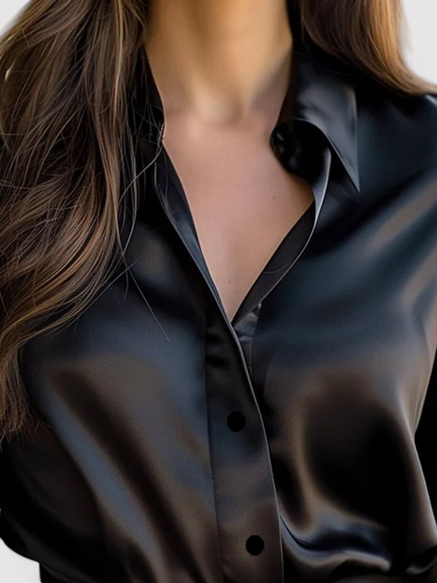 Women's Satin Long Sleeve Blouse - Point Collar - Black neckline detail