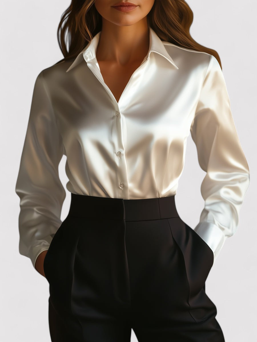 Women's Satin Long Sleeve Blouse - Point Collar - White