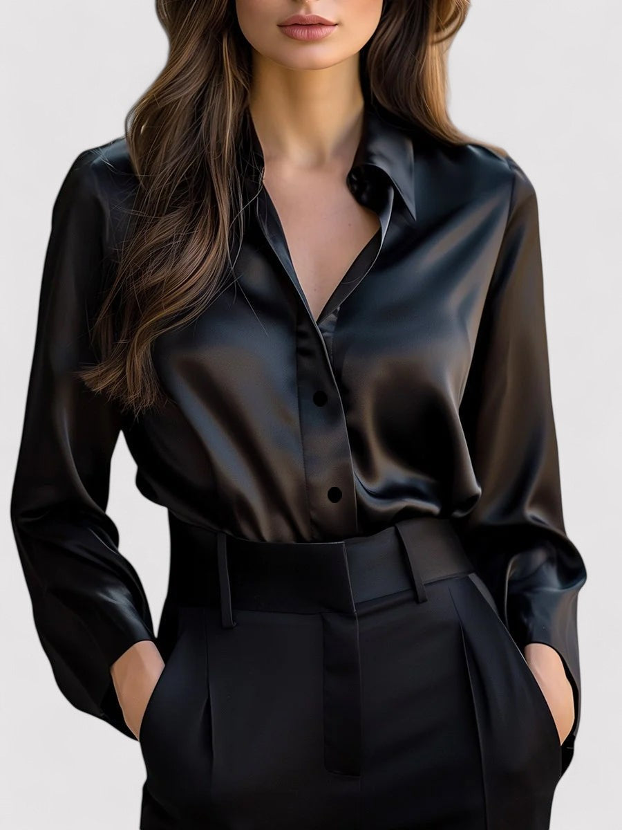 Women's Satin Long Sleeve Blouse - Point Collar - Black