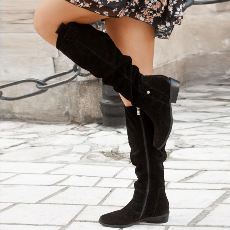 Women's Knee-High Slouch Boots - Black, Back Zip View