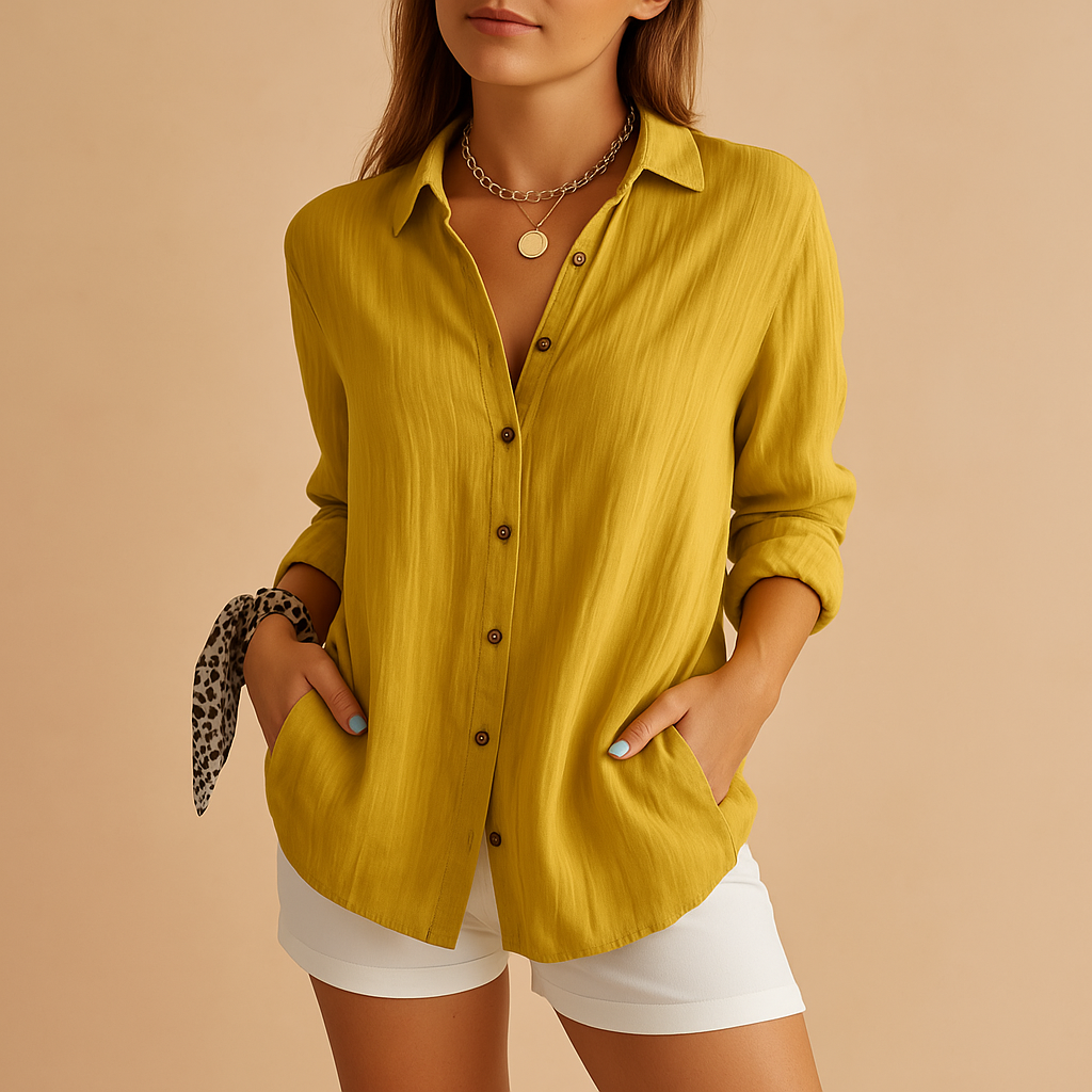 Women's Long Sleeve Shirt - Point Collar Button Front Curved Hem - Yellow, mustard tone