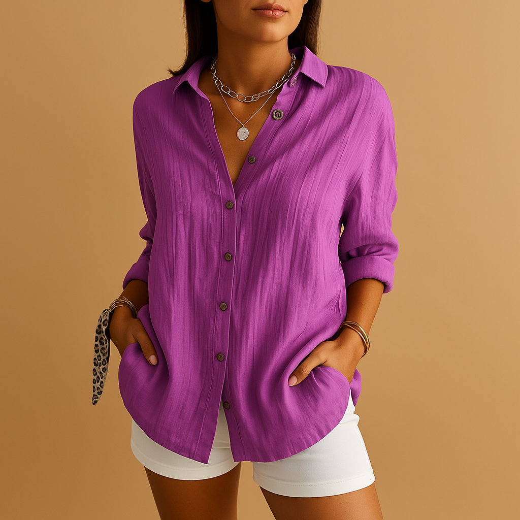 Women's Long Sleeve Shirt - Point Collar Button Front Curved Hem - Purple