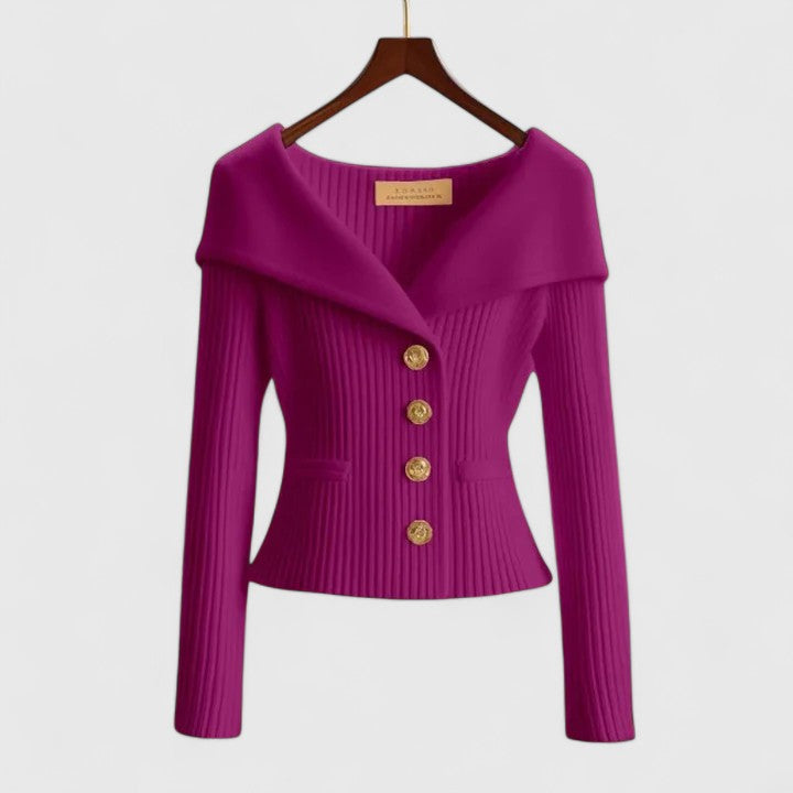 Women's Off-Shoulder Knit Top - Fold-Over Collar, Gold Buttons - Purple