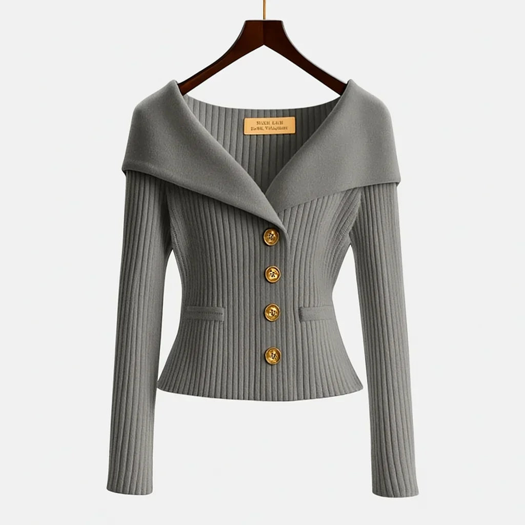 Women's Off-Shoulder Knit Top - Fold-Over Collar, Gold Buttons - Grey