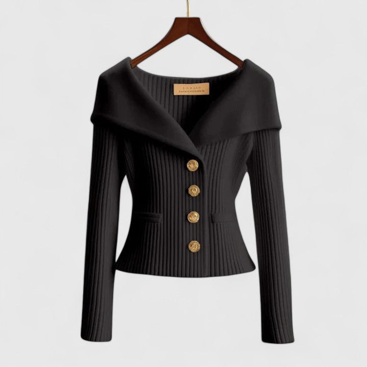 Women's Off-Shoulder Knit Top - Fold-Over Collar, Gold Buttons - Black