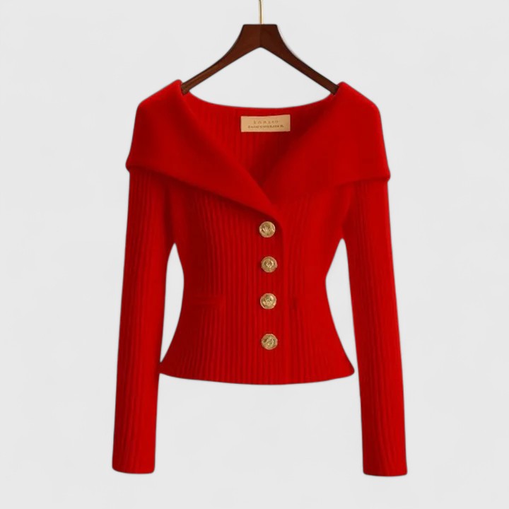 Women's Off-Shoulder Knit Top - Fold-Over Collar, Gold Buttons - Red