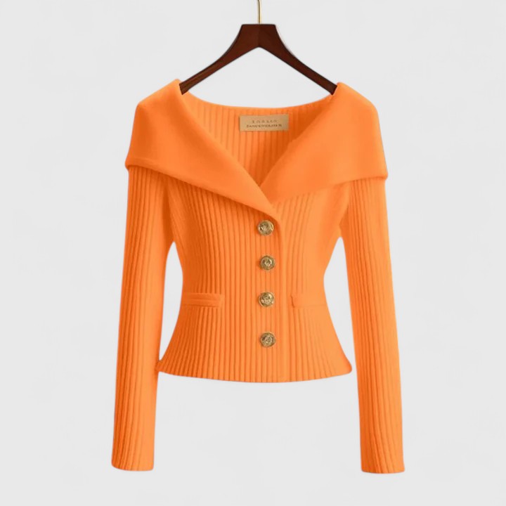 Women's Off-Shoulder Knit Top - Fold-Over Collar, Gold Buttons - Orange