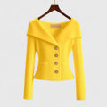 Women's Off-Shoulder Knit Top - Fold-Over Collar, Gold Buttons - Yellow