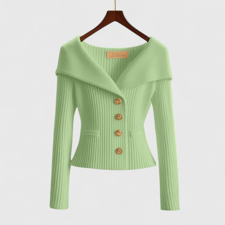 Women's Off-Shoulder Knit Top - Fold-Over Collar, Gold Buttons - Green