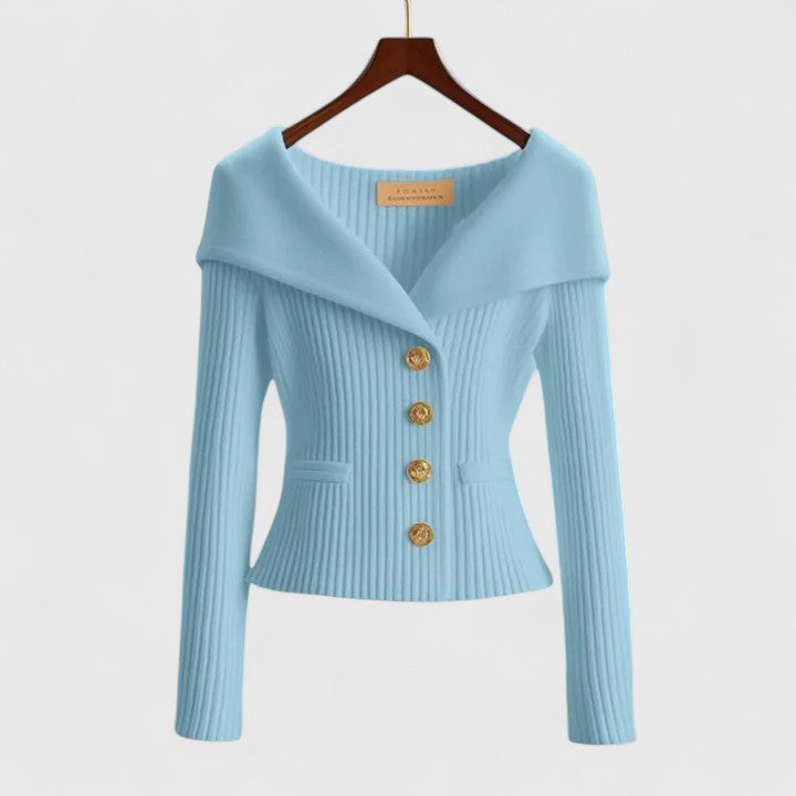 Women's Off-Shoulder Knit Top - Fold-Over Collar, Gold Buttons - Blue