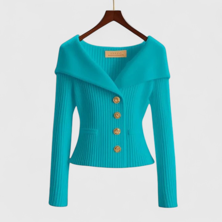 Women's Off-Shoulder Knit Top - Fold-Over Collar, Gold Buttons - Sky Blue