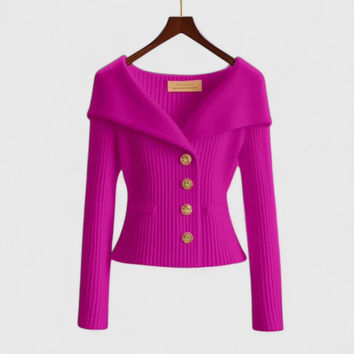 Women's Off-Shoulder Knit Top - Fold-Over Collar, Gold Buttons - Pink