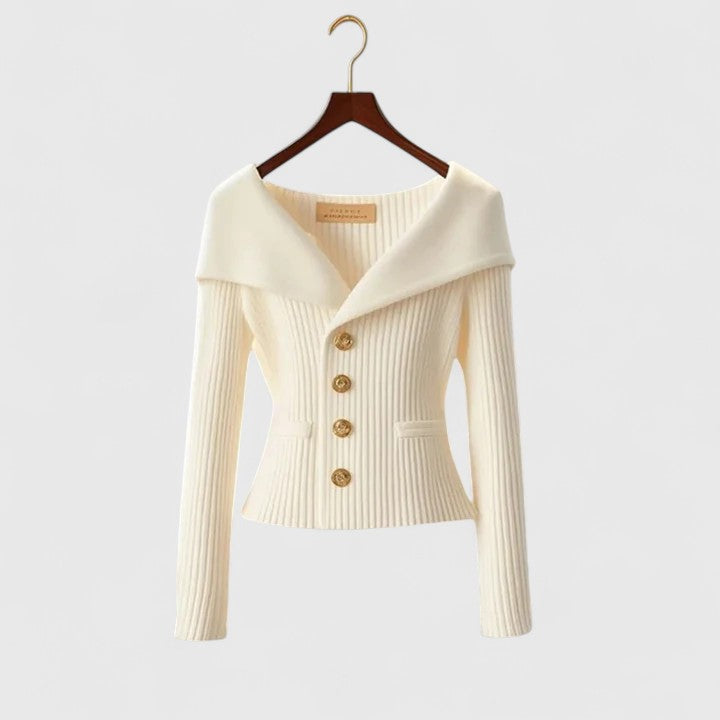 Women's Off-Shoulder Knit Top - Fold-Over Collar, Gold Buttons - White