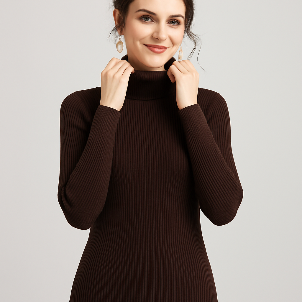 Women's Ribbed Turtleneck Jumper - Slim Fit, Long Sleeve - Coffee