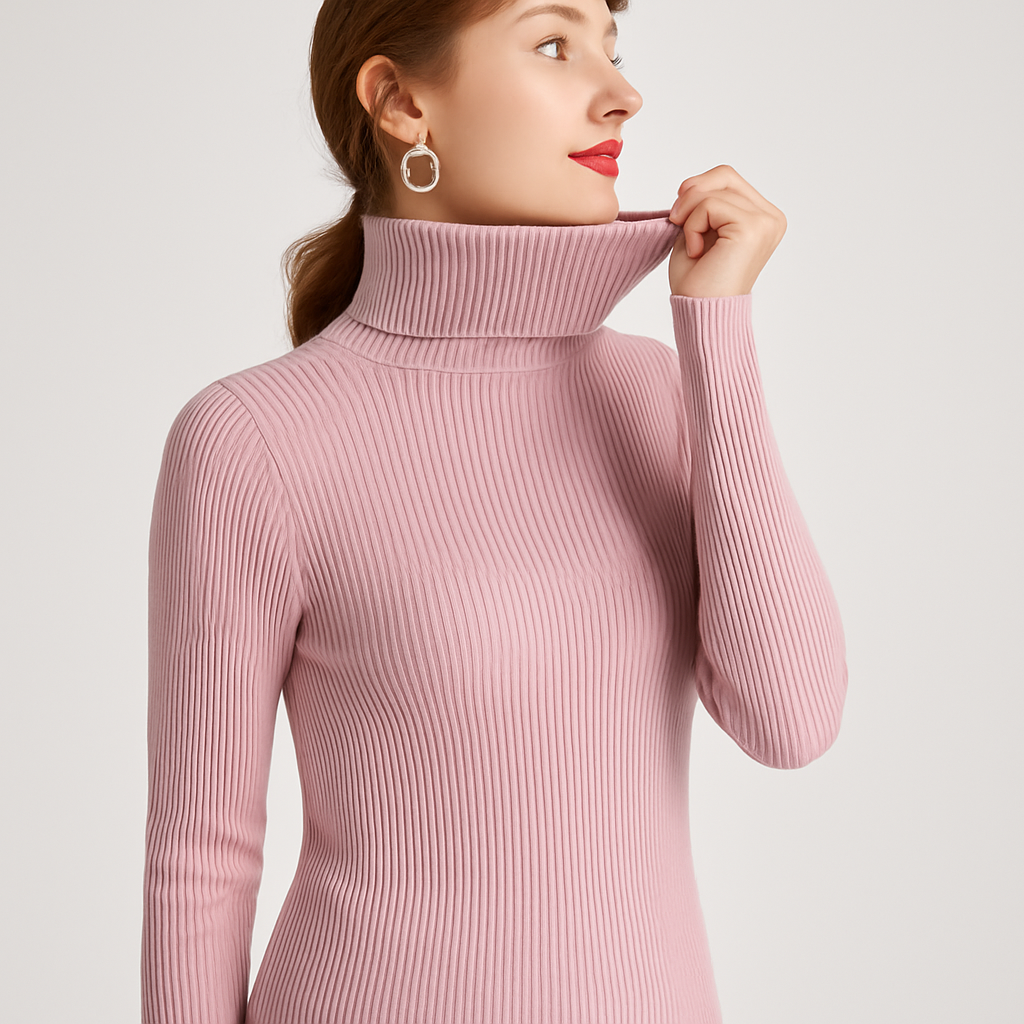 Women's Ribbed Turtleneck Jumper - Slim Fit, Long Sleeve - Pink