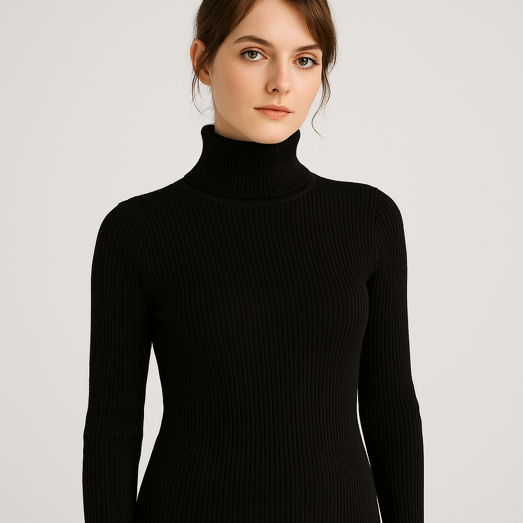 Women's Ribbed Turtleneck Jumper - Slim Fit, Long Sleeve - Black