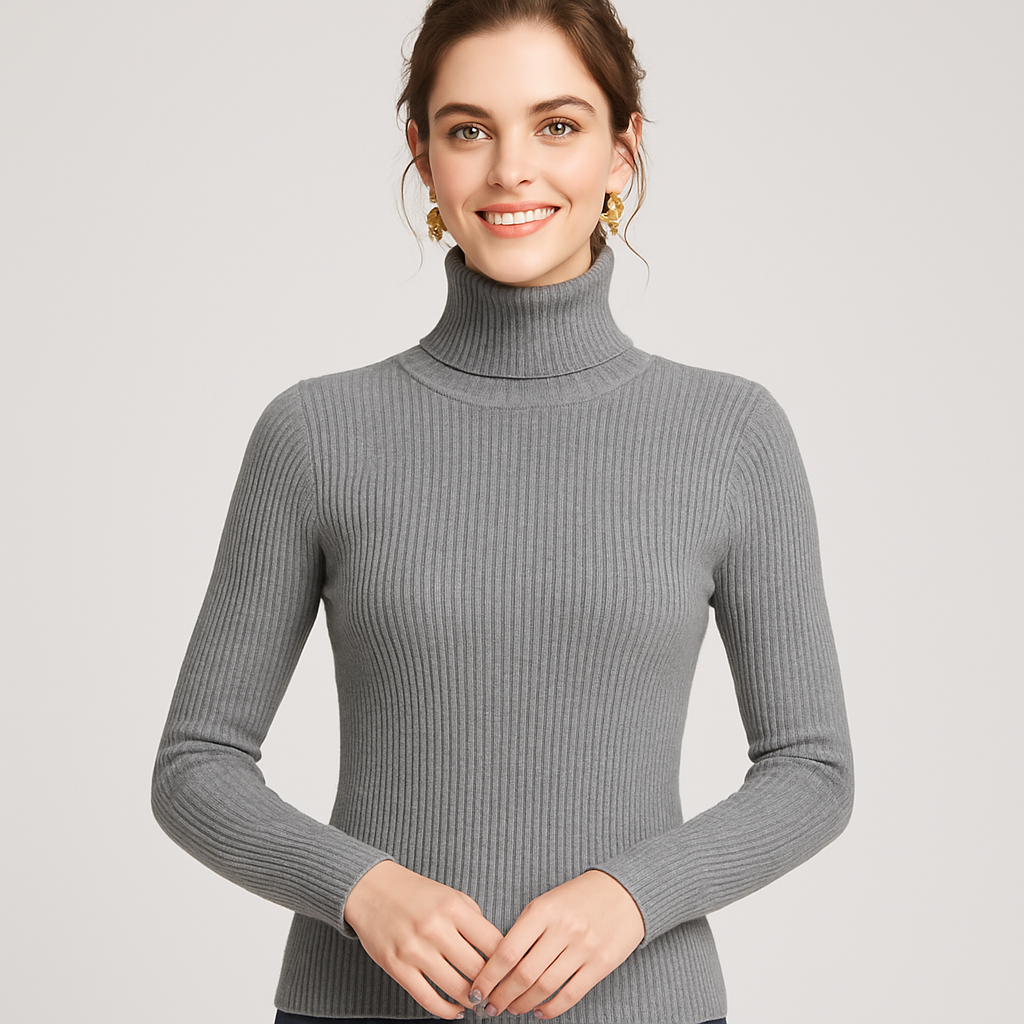 Women's Ribbed Turtleneck Jumper - Slim Fit, Long Sleeve - Grey