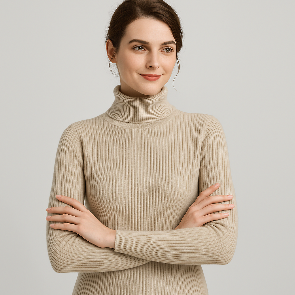 Women's Ribbed Turtleneck Jumper - Slim Fit, Long Sleeve - Beige