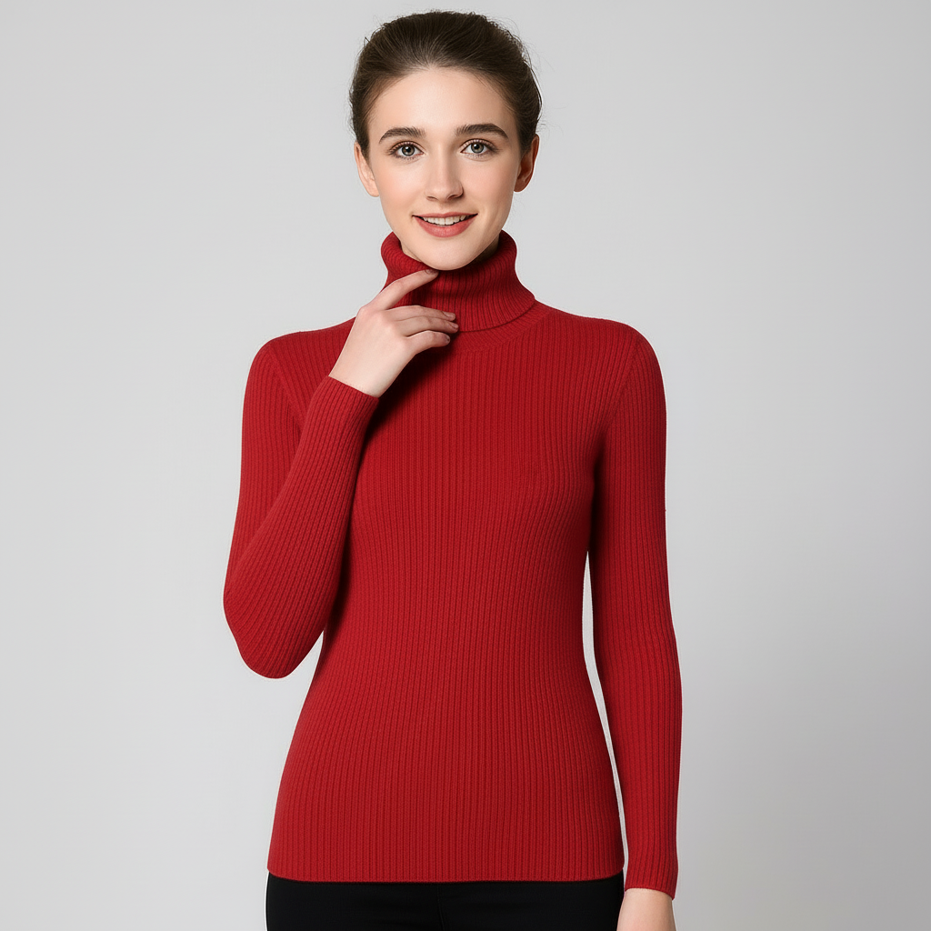 Women's Ribbed Turtleneck Jumper - Slim Fit, Long Sleeve - Scarlet