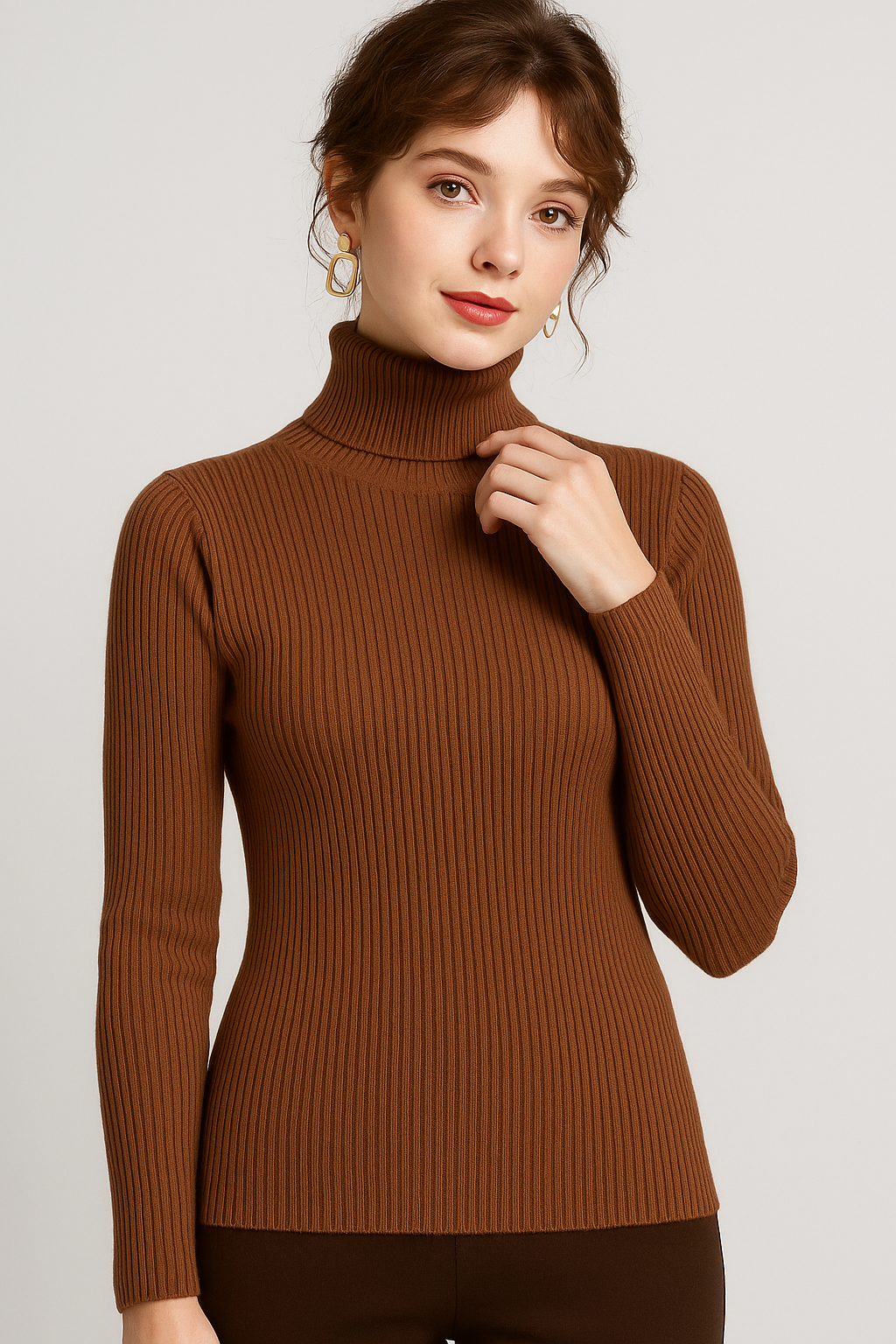 Women's Ribbed Turtleneck Jumper - Slim Fit, Long Sleeve - Brown