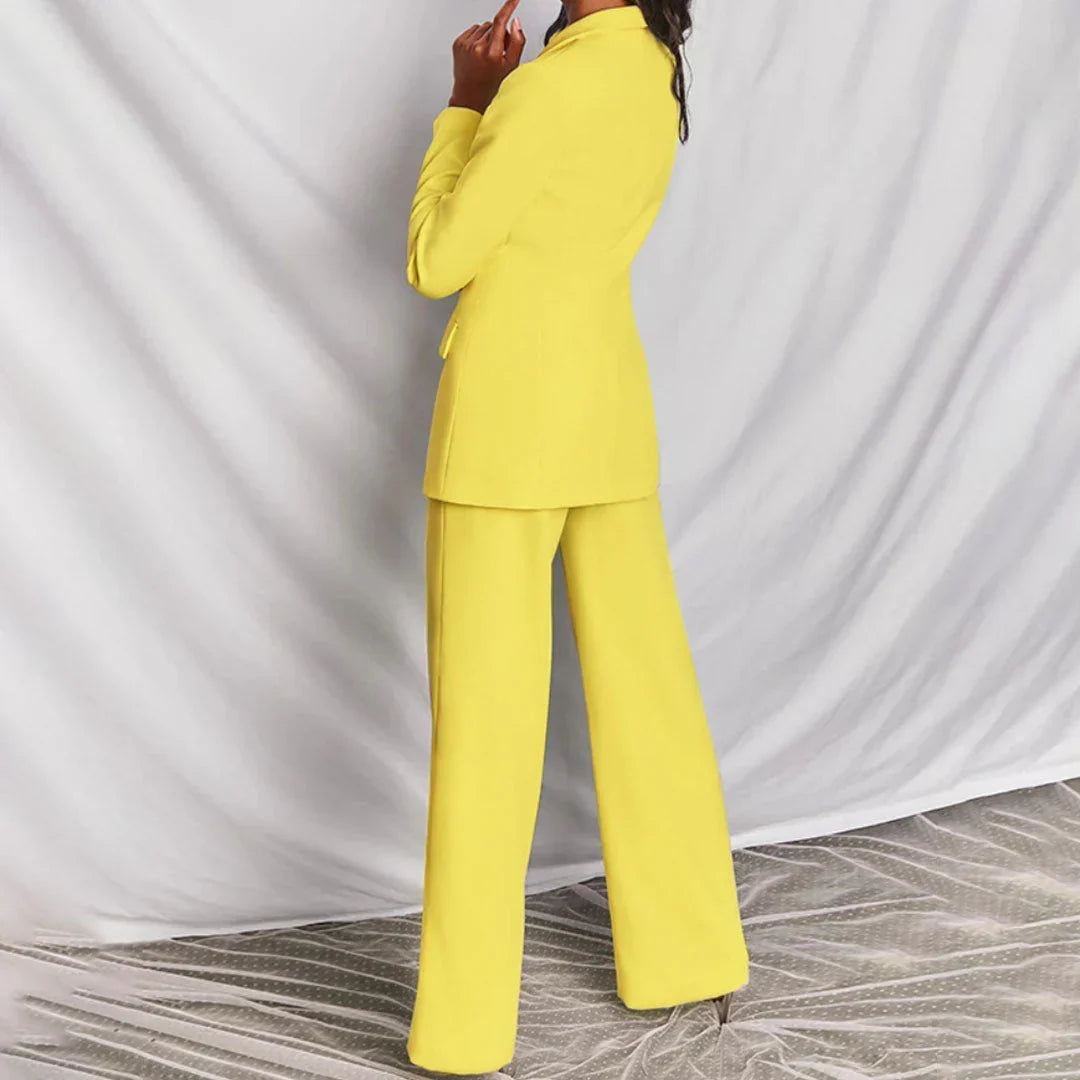 Women's Trouser Suit - Single Button Longline Blazer Wide Leg - Yellow, side and back view