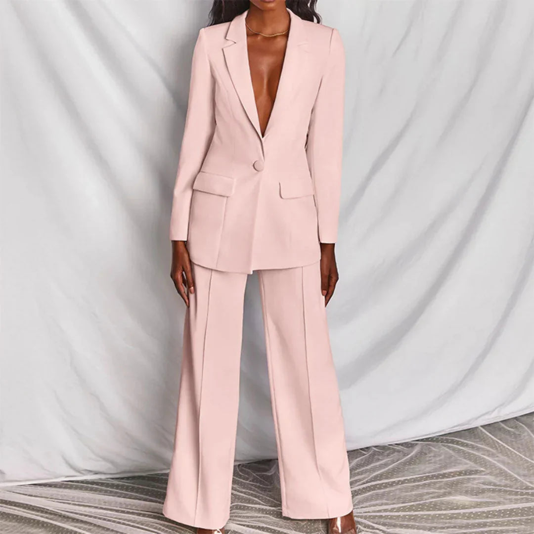 Women's Trouser Suit - Single Button Longline Blazer Wide Leg - Pink, front view