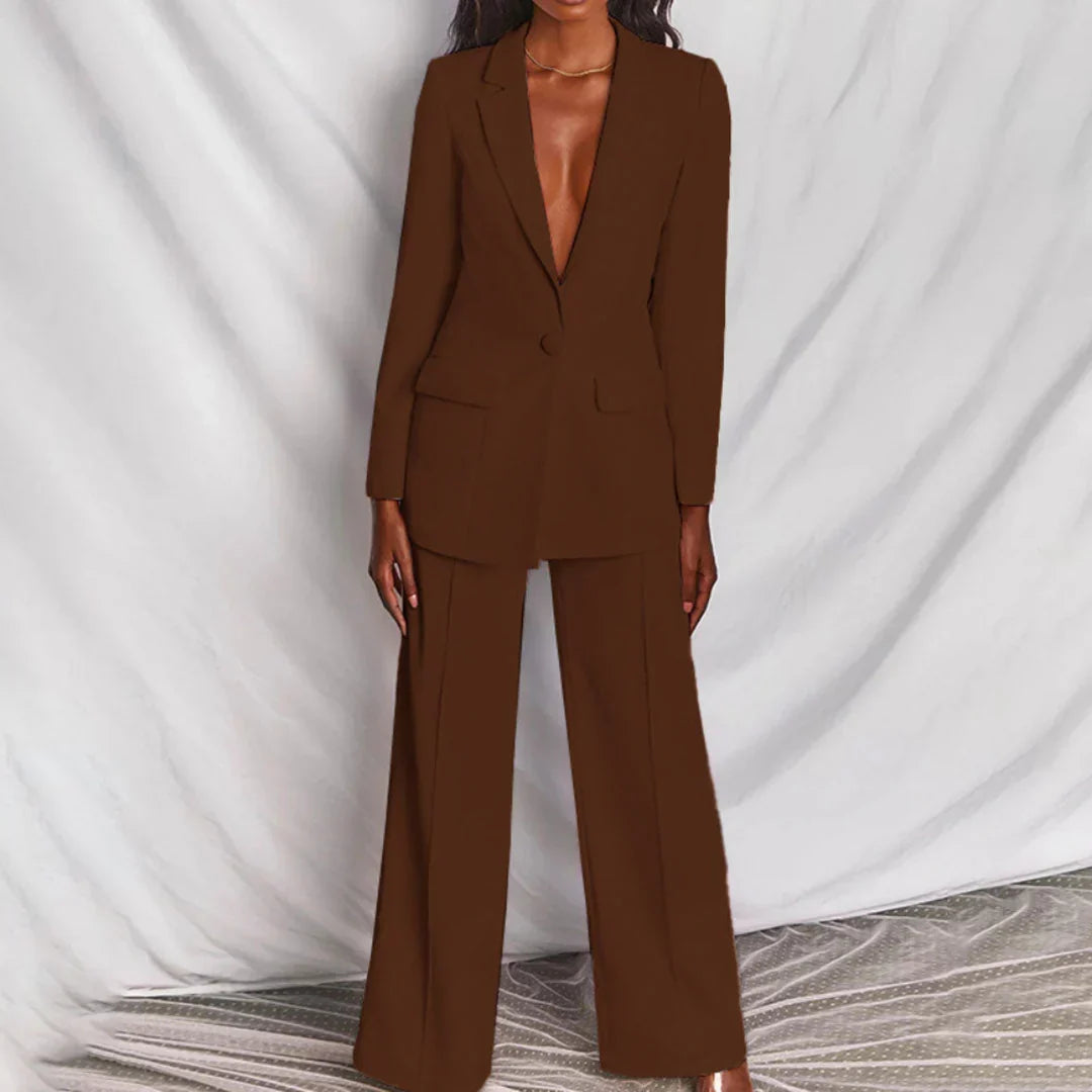 Women's Trouser Suit - Single Button Longline Blazer Wide Leg - Brown, front view