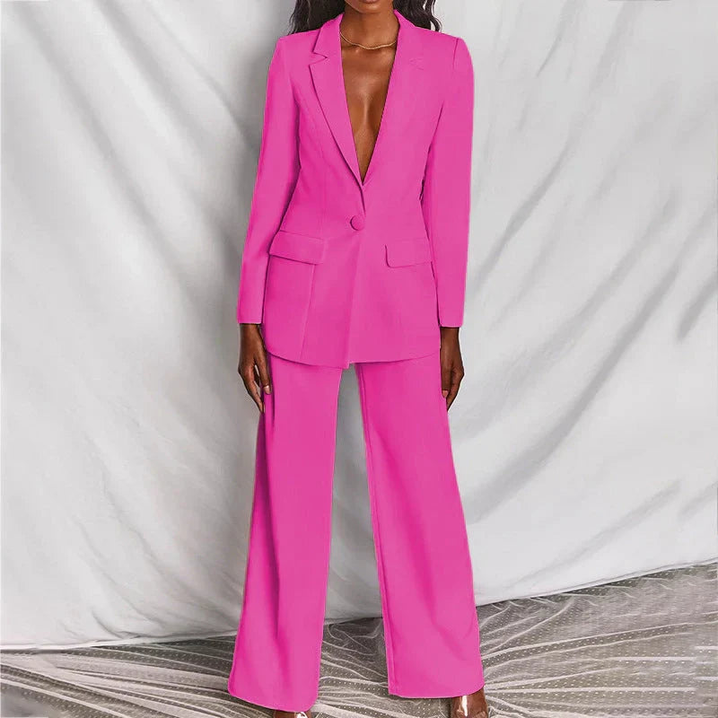 Women's Trouser Suit - Single Button Longline Blazer Wide Leg - Hot Pink, front view