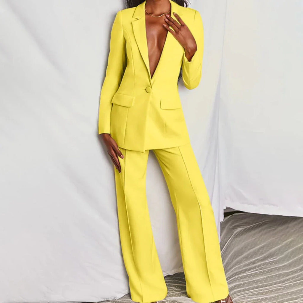 Women's Trouser Suit - Single Button Longline Blazer Wide Leg - Yellow, front view
