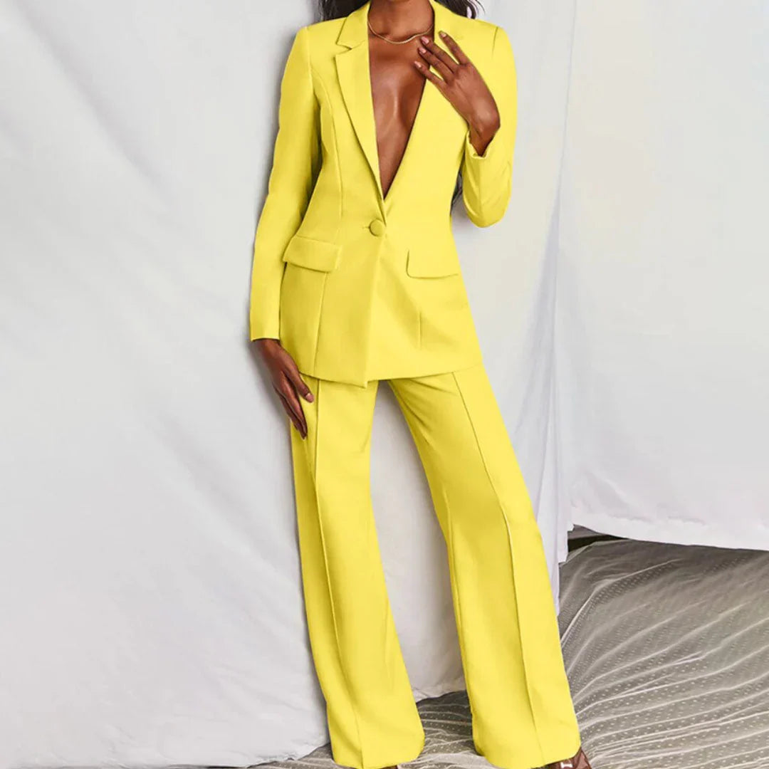Women's Trouser Suit - Single Button Longline Blazer Wide Leg - Yellow, front view