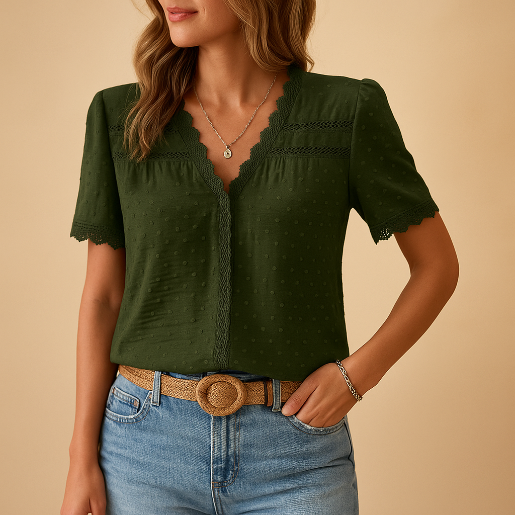 Women's V-Neck Lace Trim Blouse - Short Sleeve - Green