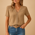 Women's V-Neck Lace Trim Blouse - Short Sleeve - Khaki