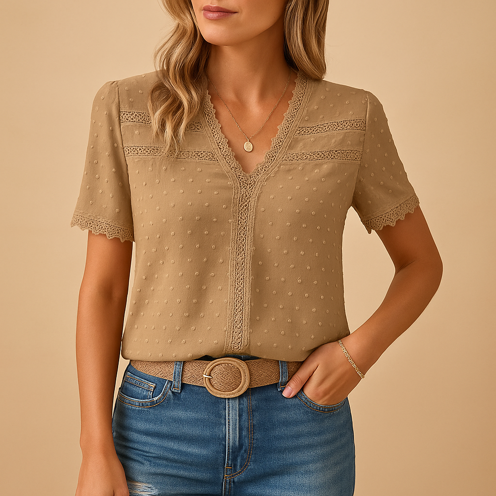 Women's V-Neck Lace Trim Blouse - Short Sleeve - Khaki