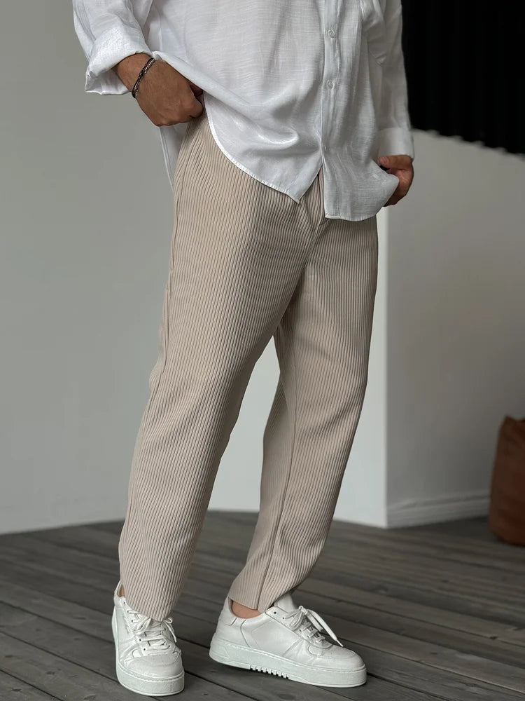 Men's Ribbed Straight Leg Trousers - Elasticated Waist - Beige, front detail