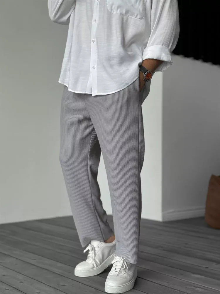 Men's Ribbed Straight Leg Trousers - Elasticated Waist - Grey