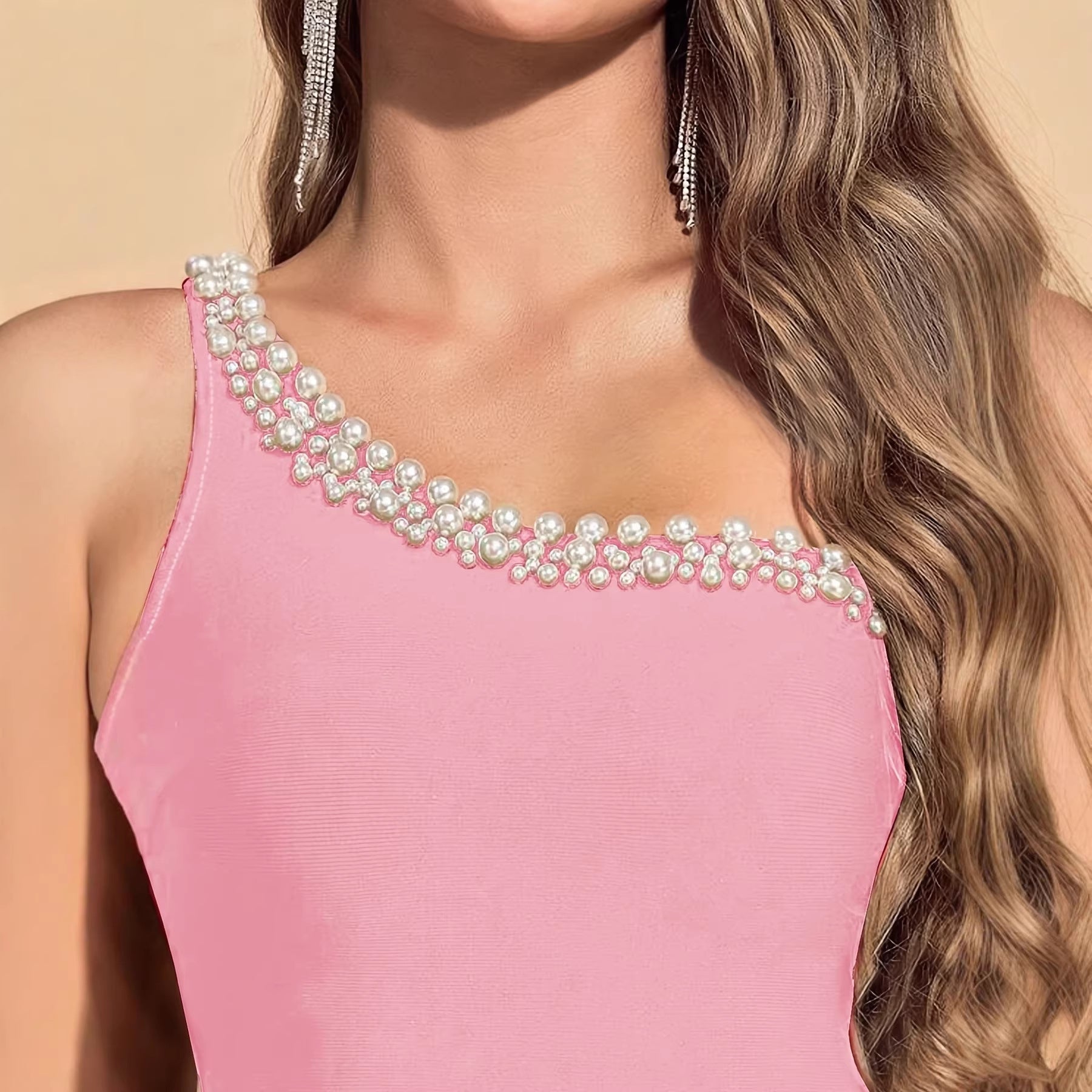 Women's One-Shoulder Bodycon Midi Dress - Pearl Trim - Pearl neckline detail