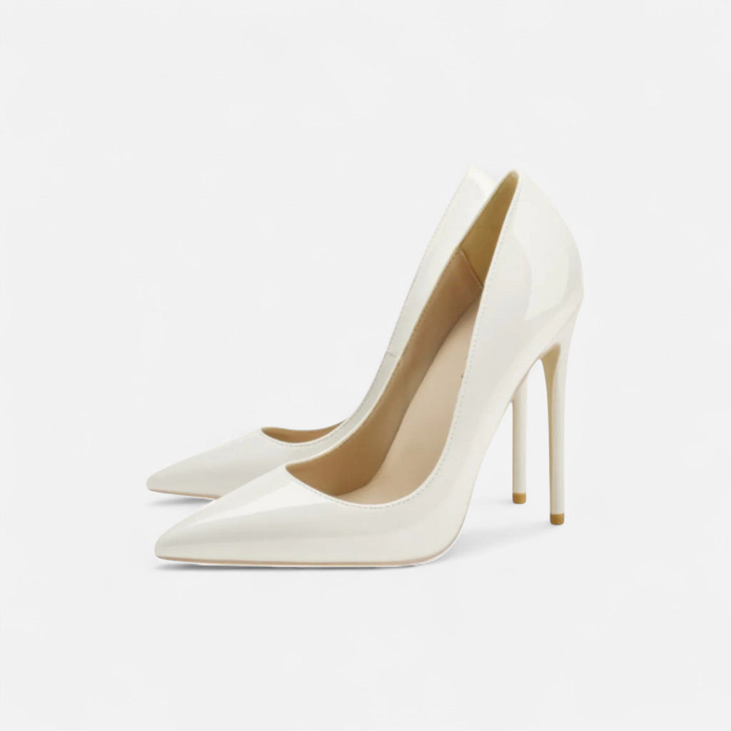 Women's Patent Court Shoes - Pointed Toe - Stiletto Heel - White