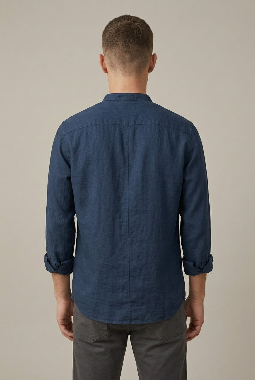Men's Band Collar Shirt - Long Sleeve with Chest Pocket - Navy Blue, back view