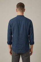 Men's Band Collar Shirt - Long Sleeve with Chest Pocket - Navy Blue, back view