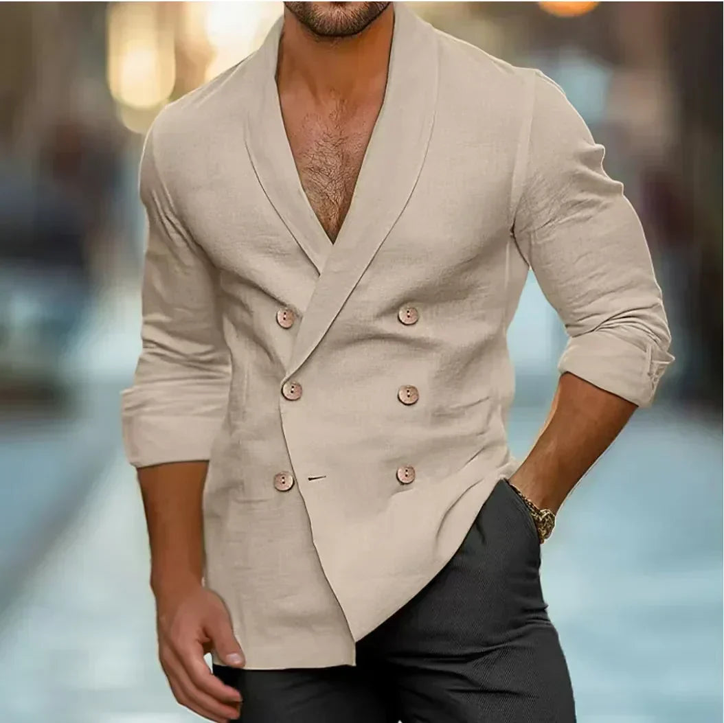 Men's Double-Breasted Shawl Collar Blazer - Khaki
