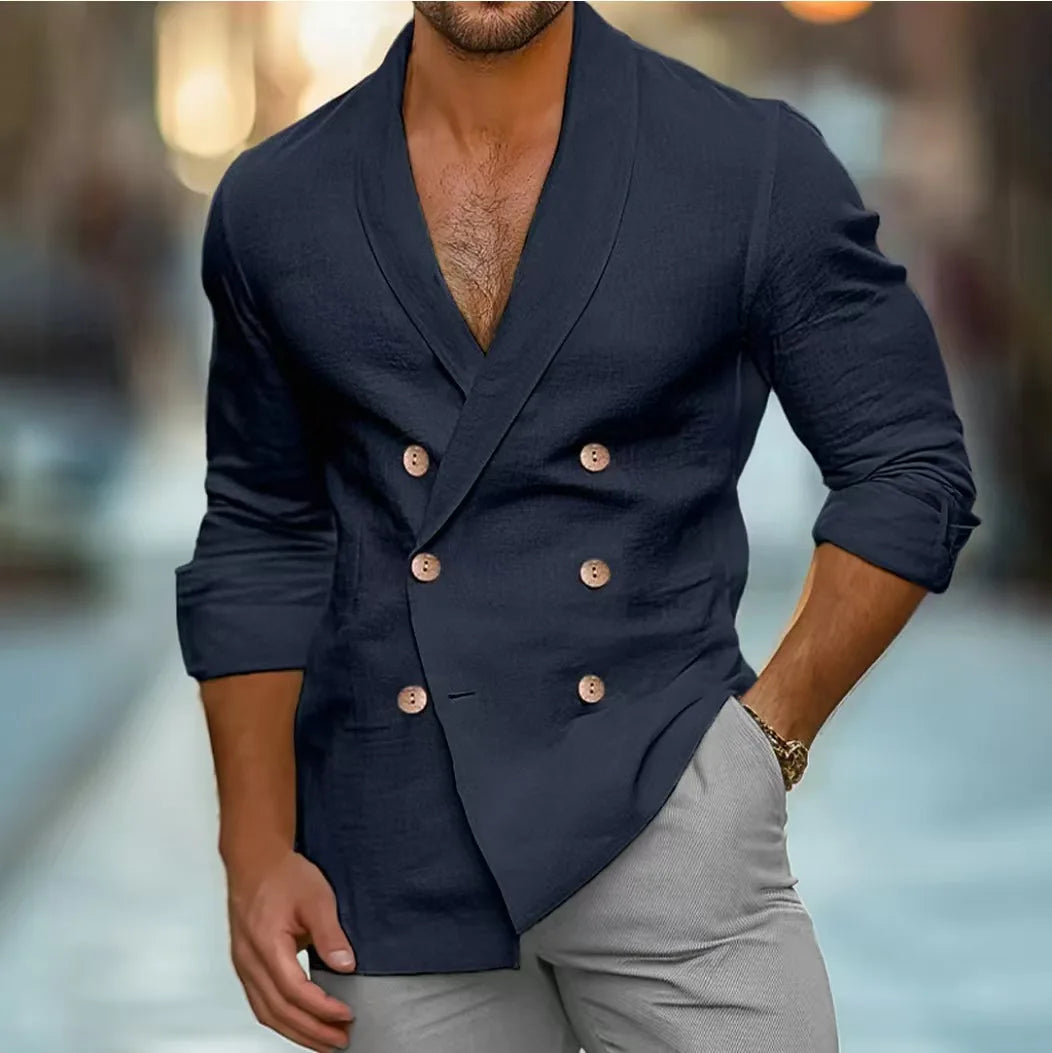 Men's Double-Breasted Shawl Collar Blazer - Navy Blue