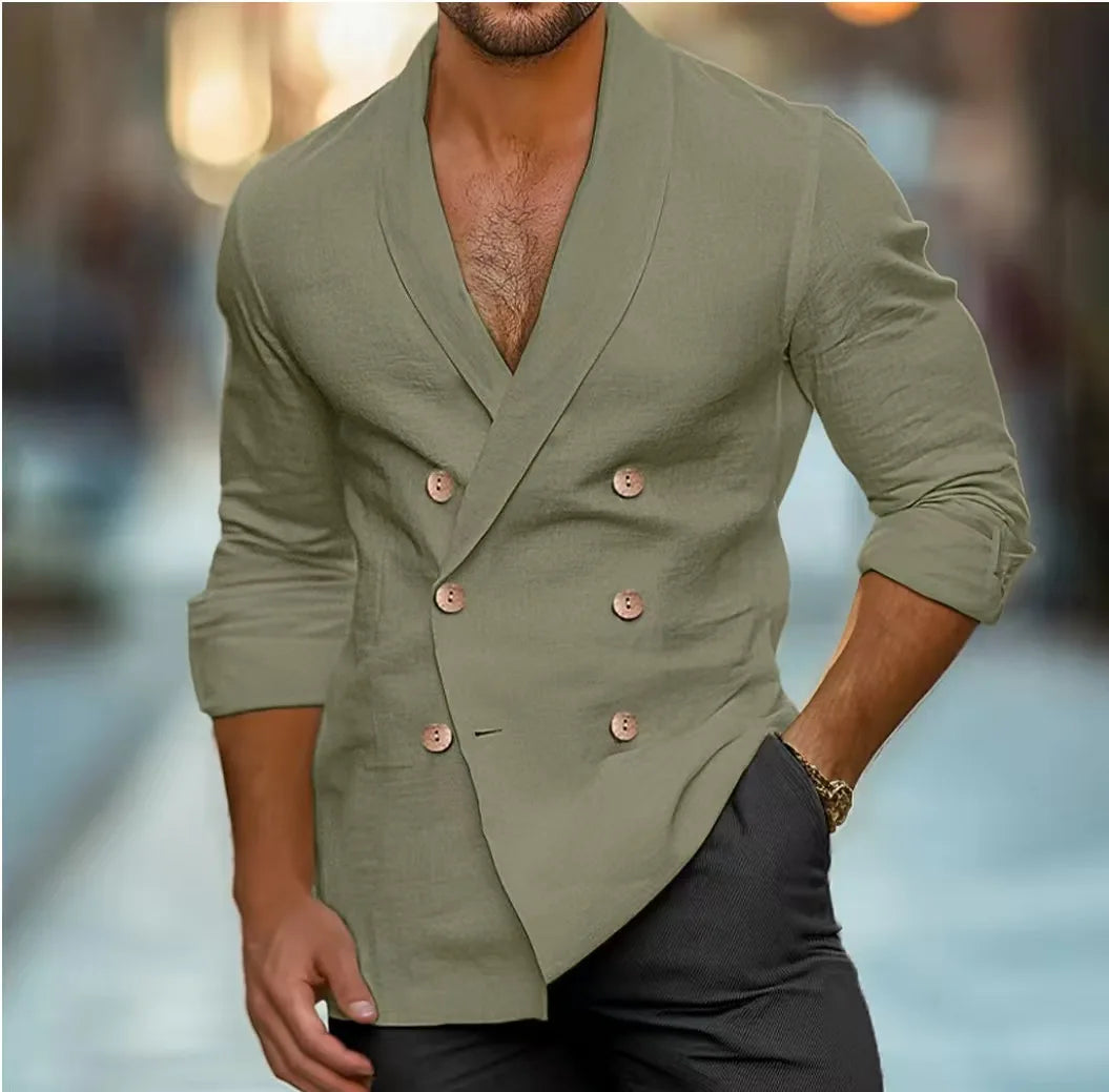 Men's Double-Breasted Shawl Collar Blazer - Olive Green