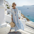 Women's V-Neck Kaftan Maxi Dress - Wide Sleeve - Light Blue stripe