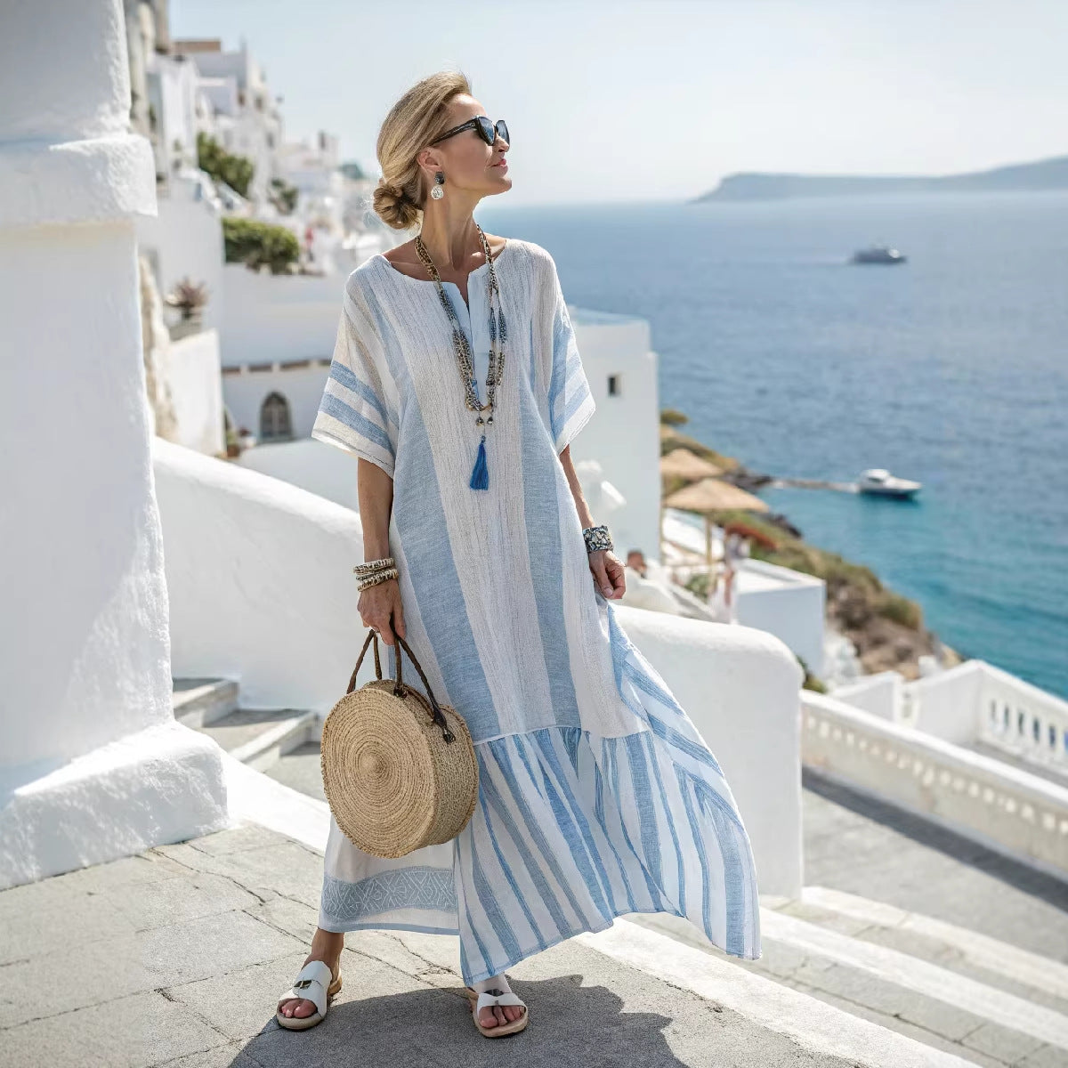 Women's V-Neck Kaftan Maxi Dress - Wide Sleeve - Light Blue stripe