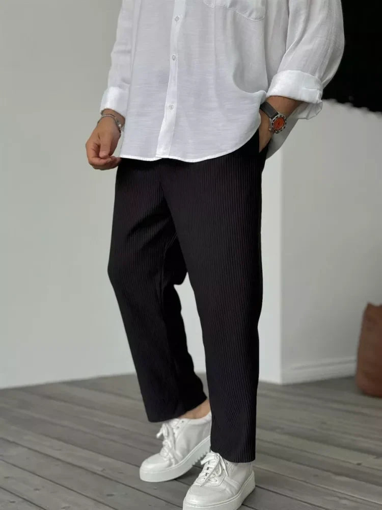 Men's Ribbed Straight Leg Trousers - Elasticated Waist - Black