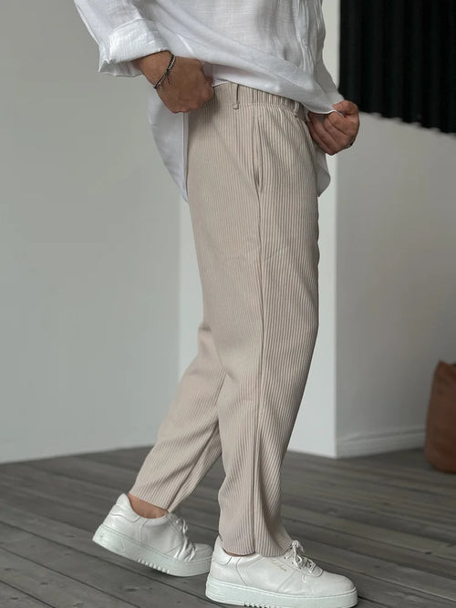 Men's Ribbed Straight Leg Trousers - Elasticated Waist - Beige, side view